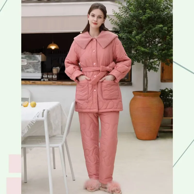 2024 New Big Fur Collar Warm Loungewear Lightweight Fleece-Lined Windproof Women's Pajamas Tie A Belt Warm Thickened Homewear