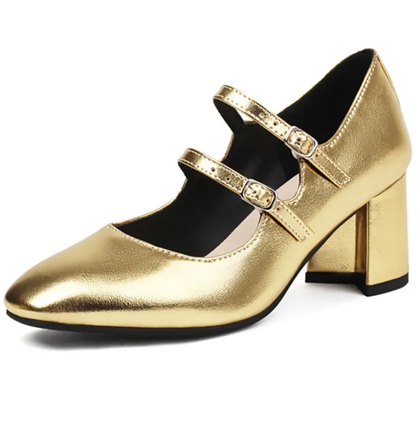 

Retro Women Pumps Buckle Strap Genuine Leather Mary Janes Shoes Woman 2024 Spring Summer Thick Heels Office Lady Pumps
