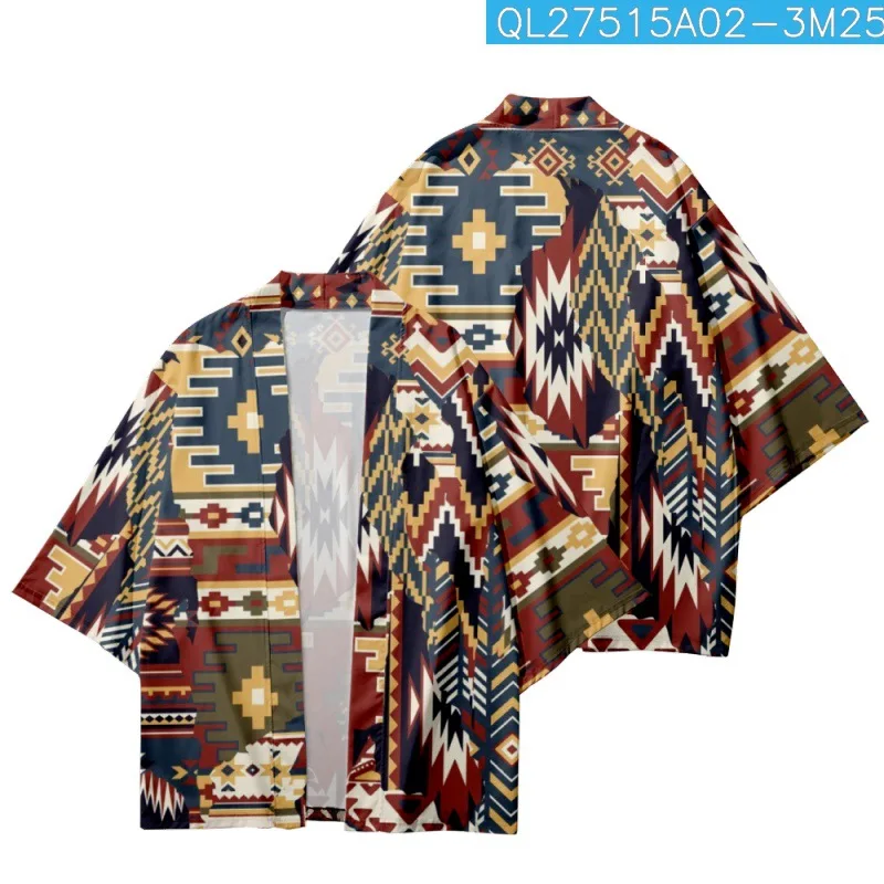 

Square Pattern Printed Summer Loose Harajuku Kimono Cardigan Cropped Pants Women Men Cosplay Yukata