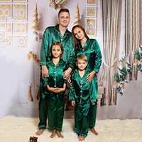 Family Look Christmas Pajamas Nightwear Satin Silk Tops+Pants 2pcs Sleepwear Pajamas Solid Matching Suits For The Whole Family 1