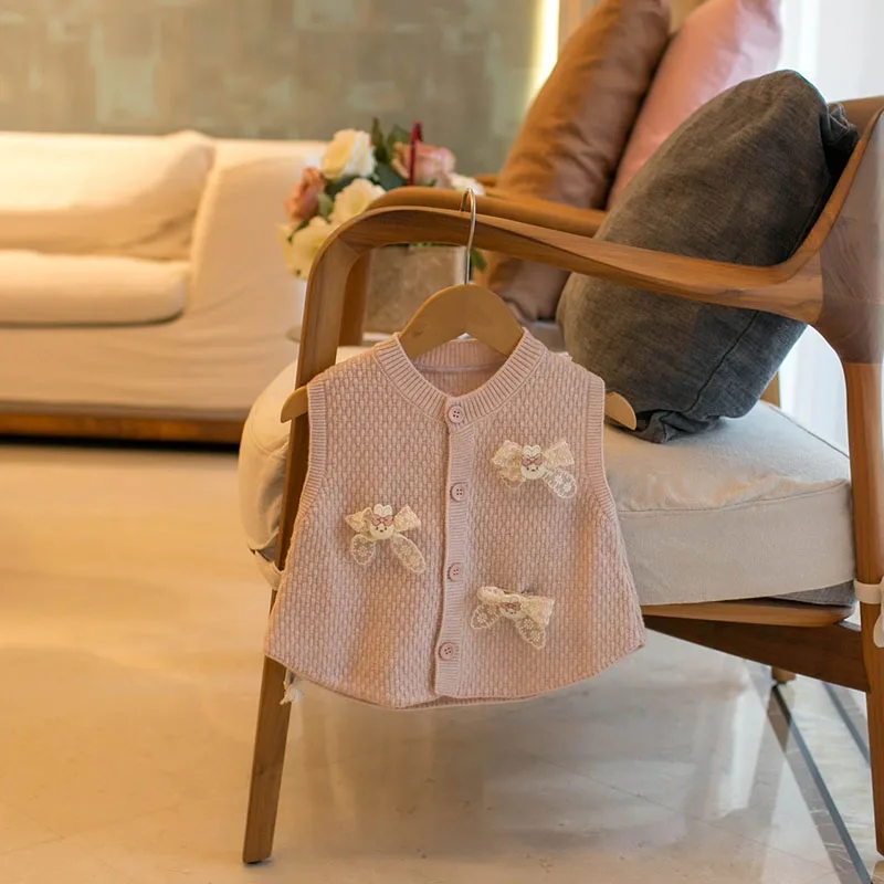 Autumn Baby Girls Knit Vest Sweet Lace Bow Waistcoat