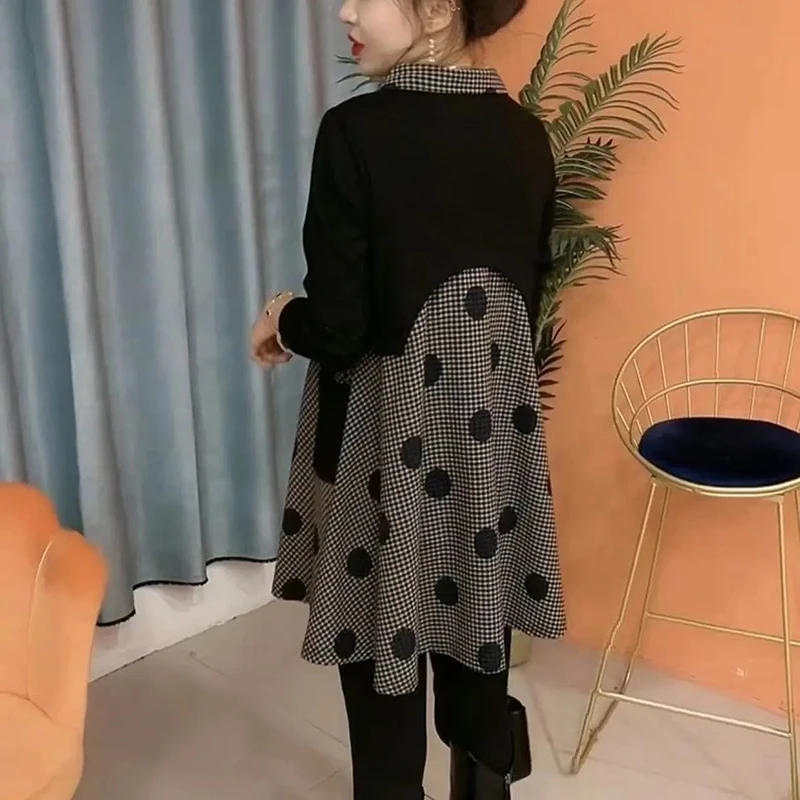 Autumn Winter Lapel Fake Two Piece Plaid Spliced Long Shirt Lady Loose Casual Fashion Wild Blouse Pullover Top Women\'s Clothing