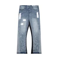 American retro washed letter spliced denim trousers high street trendy brand couple loose straight micro-flared long trousers 1