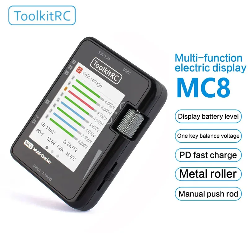 

ToolkitRC MC8 Mini Size Cell checker 32 Bit Battery Multi-Checker PWM Output PPM SBUS Readout With USB-C Fast Charging