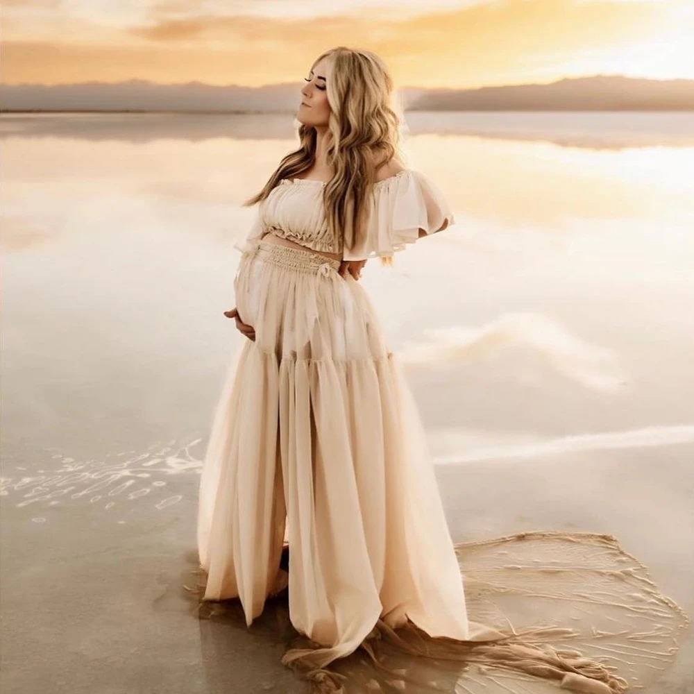 Vestido de maternidad con hombros descubiertos para Sesión de fotos, Vestido largo de gasa semitransparente con volantes para fotografía de embarazo para mujer