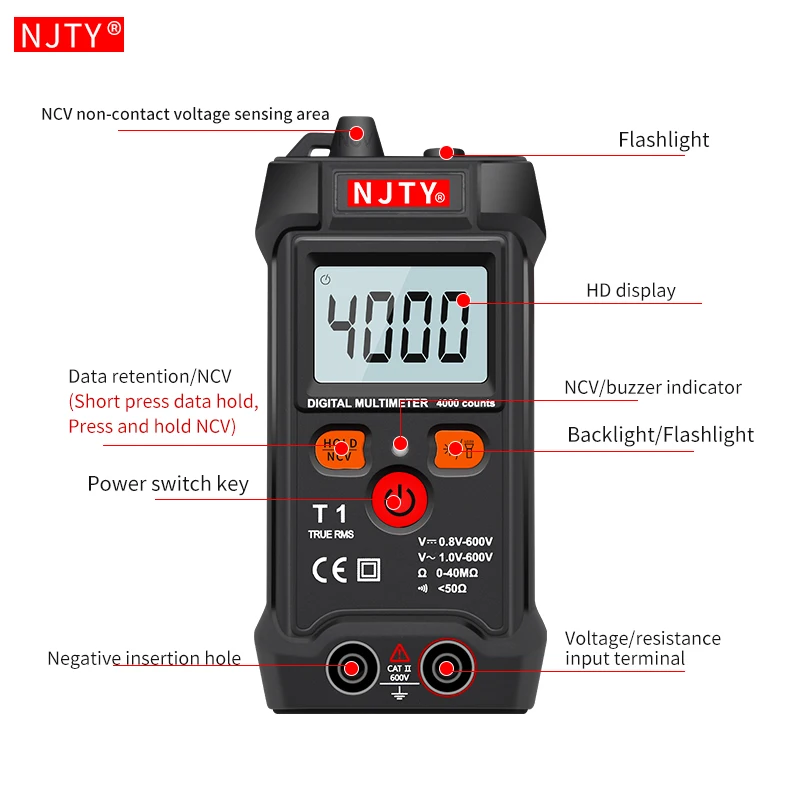 Digital Multimeter NJTY Professional Mini Auto Range Smart Multimetro 4000 Counts AC/DC Voltage Meter Resistance Tester