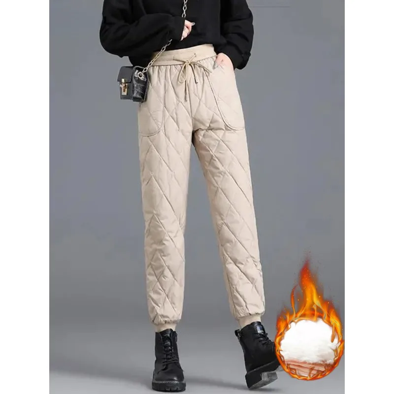 2024 New Spodnie Winter Down Cotton Thicken Harem Ankle-length Pants Casual Warm Fluffy Women High Waist Pantalones Snow Wear