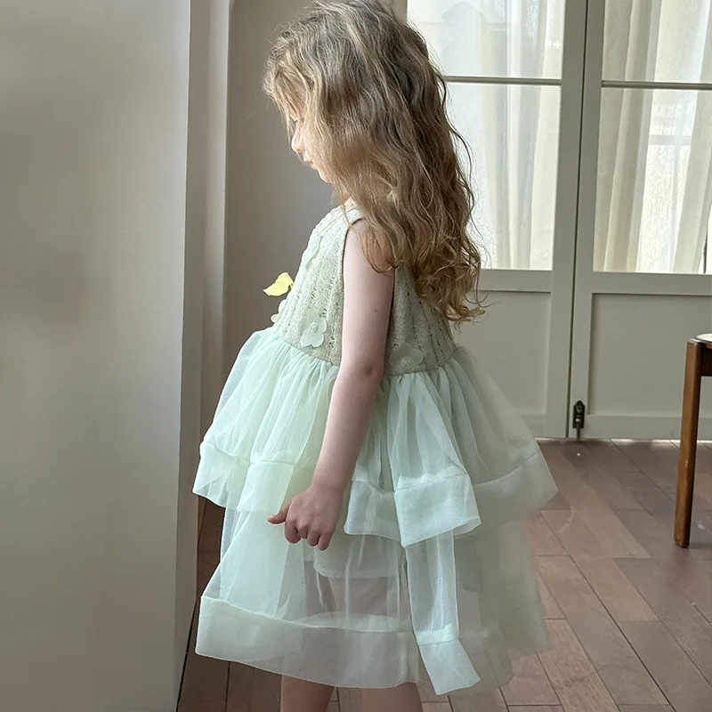 Summer Baby Girl Mint Green Layered Tulle Princess Dress Lace Bodice Birthday Outfit Summer Toddler Party Gown Vest Dress