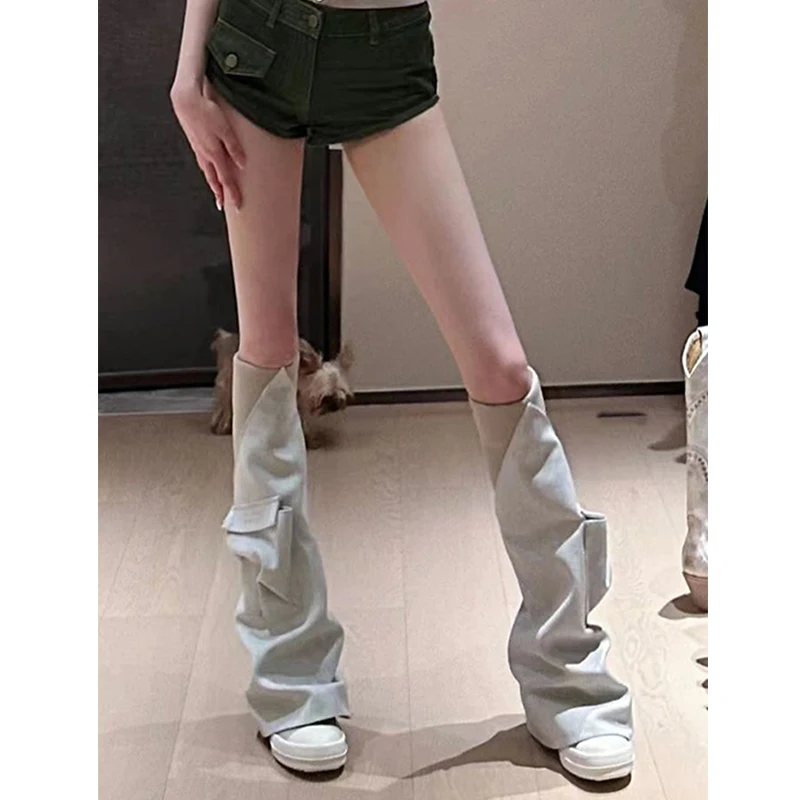 

Summer Knee High Pants Boots Round Head Women Zipper Shoes Patchwork Fashion Flats Solid Color Botas Femininas