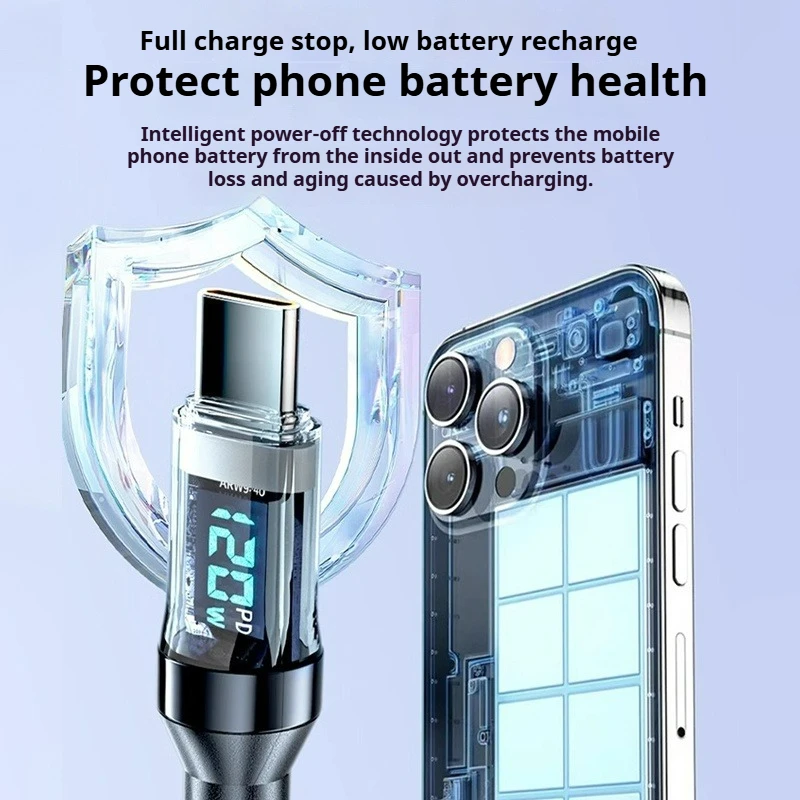 Quick Charge 4.0 Cable 60-120W USB PD with LED Screen for iPhone 15 Series MacBook Also Huawei OPPO Vivo Super Fast Charging