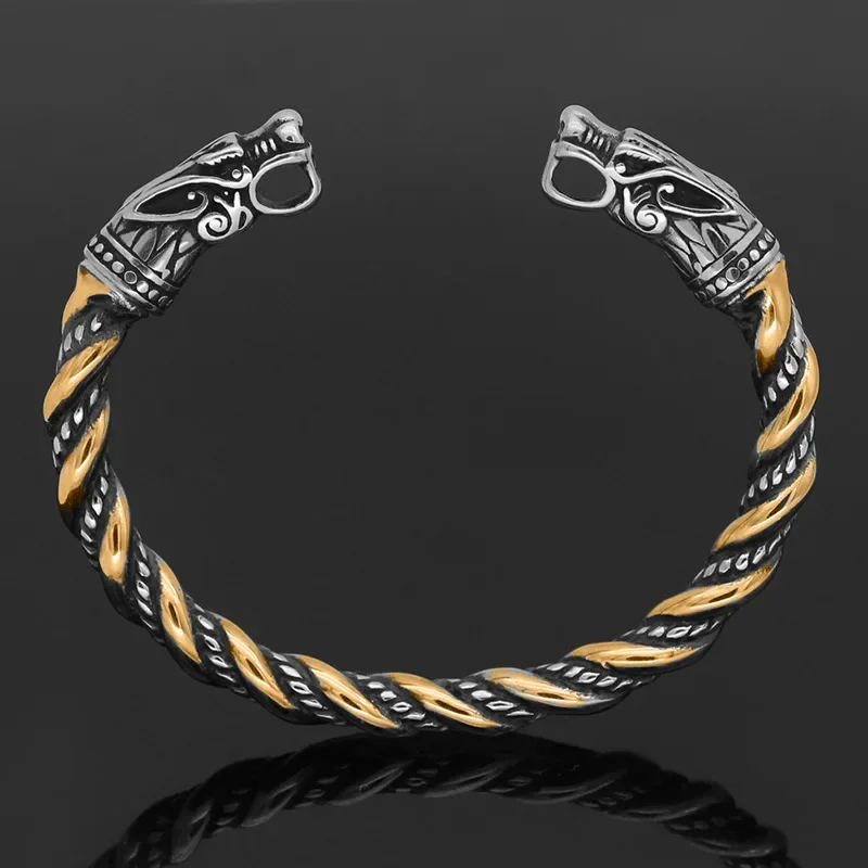 Norse Viking Wolf Head Bracelet Stainless Steel Opening Adjustable Wristband Cuff Snake Bangle for Men Fashion Jewelry stainless steel bracelet metal bracelet