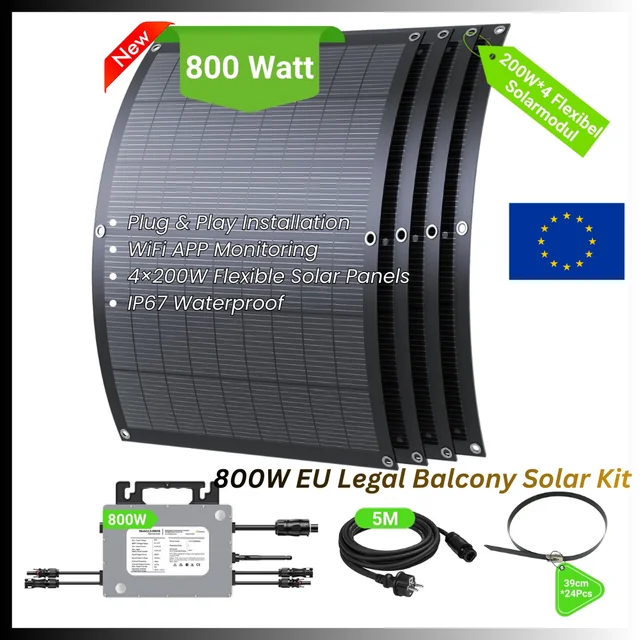 Kit Système Solaire de Balcon 800W avec Micro-onduleur, 4 Panneaux Solaires Flexibles 200W, Plug & Play, Surveillance par Application WiFi 1