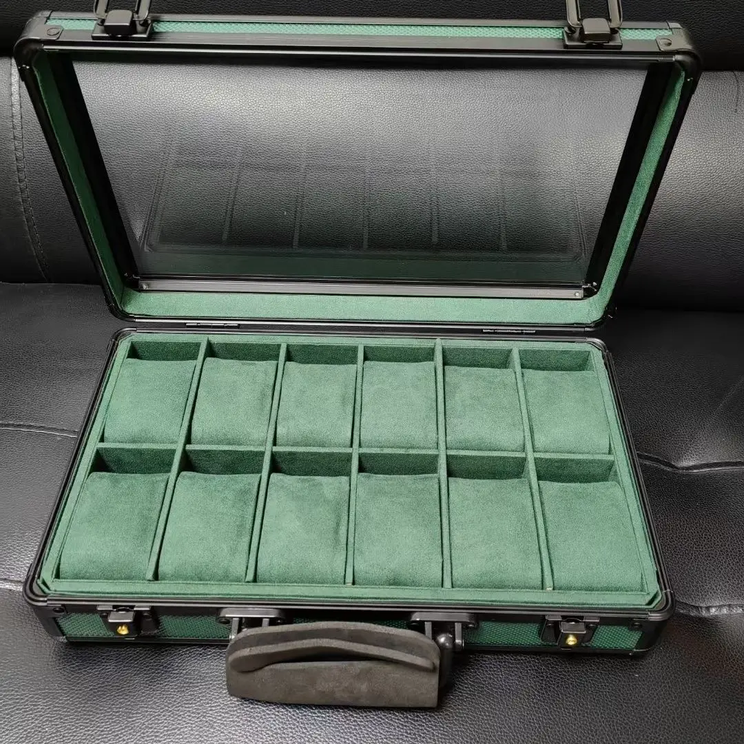 12 Slots Aluminum Jewelry Storage Box with Window, Clear Top Light Luxury Watch Case Organizer for Watches Briefcase