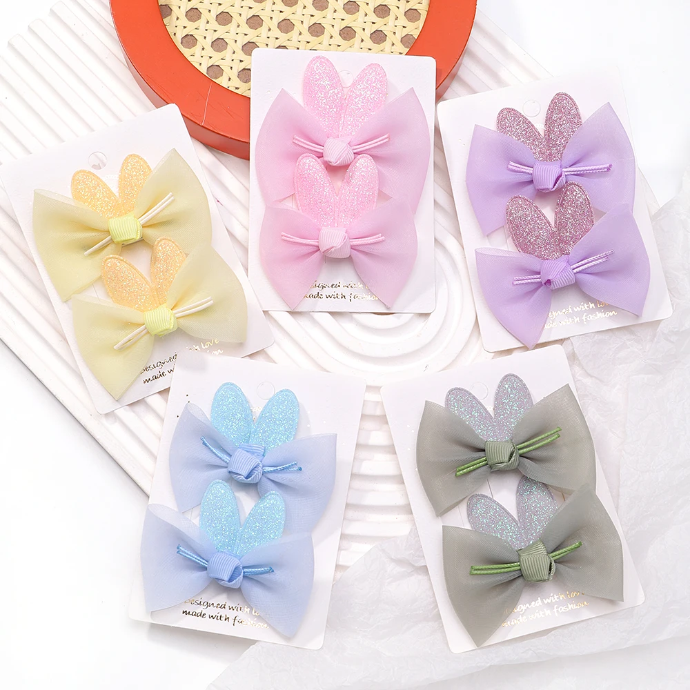 2pcs/set Newborn Baby Girls Kids Gauze Bow Hairpin Rabbit ears Hair Clips Princess Hair Accessories Baby Barrettes Wholesale