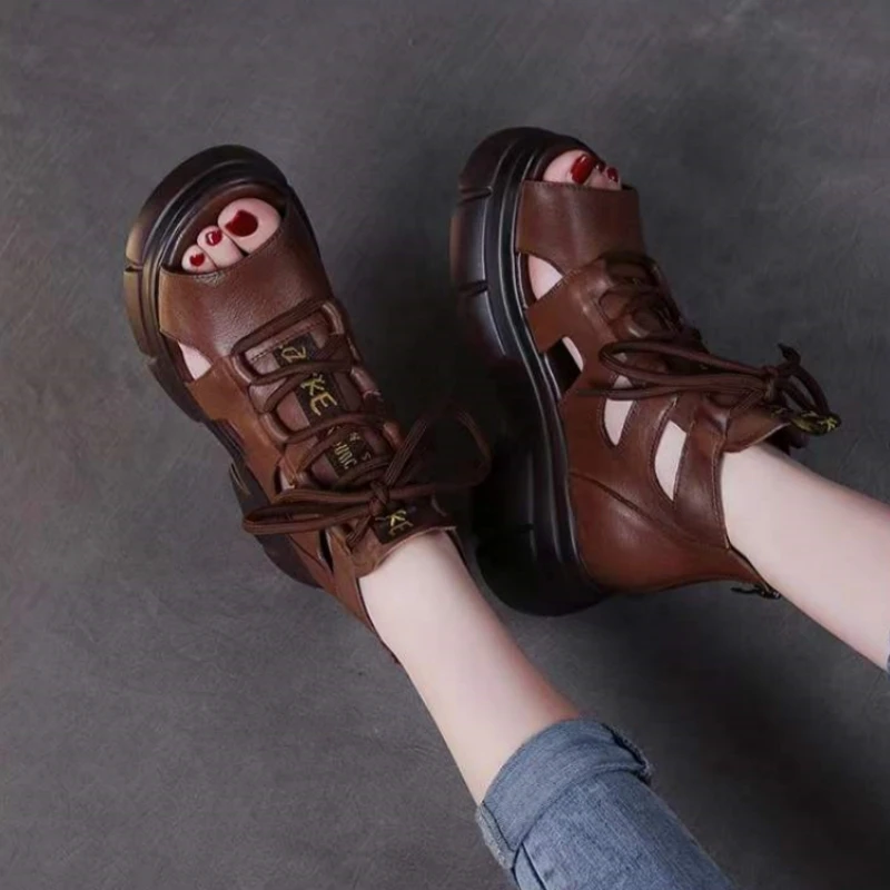 Women Sandals Wedge Sandals Fish Mouth Soft PU Leather And Cowhide Summer Roman Shoes Platform Heighten