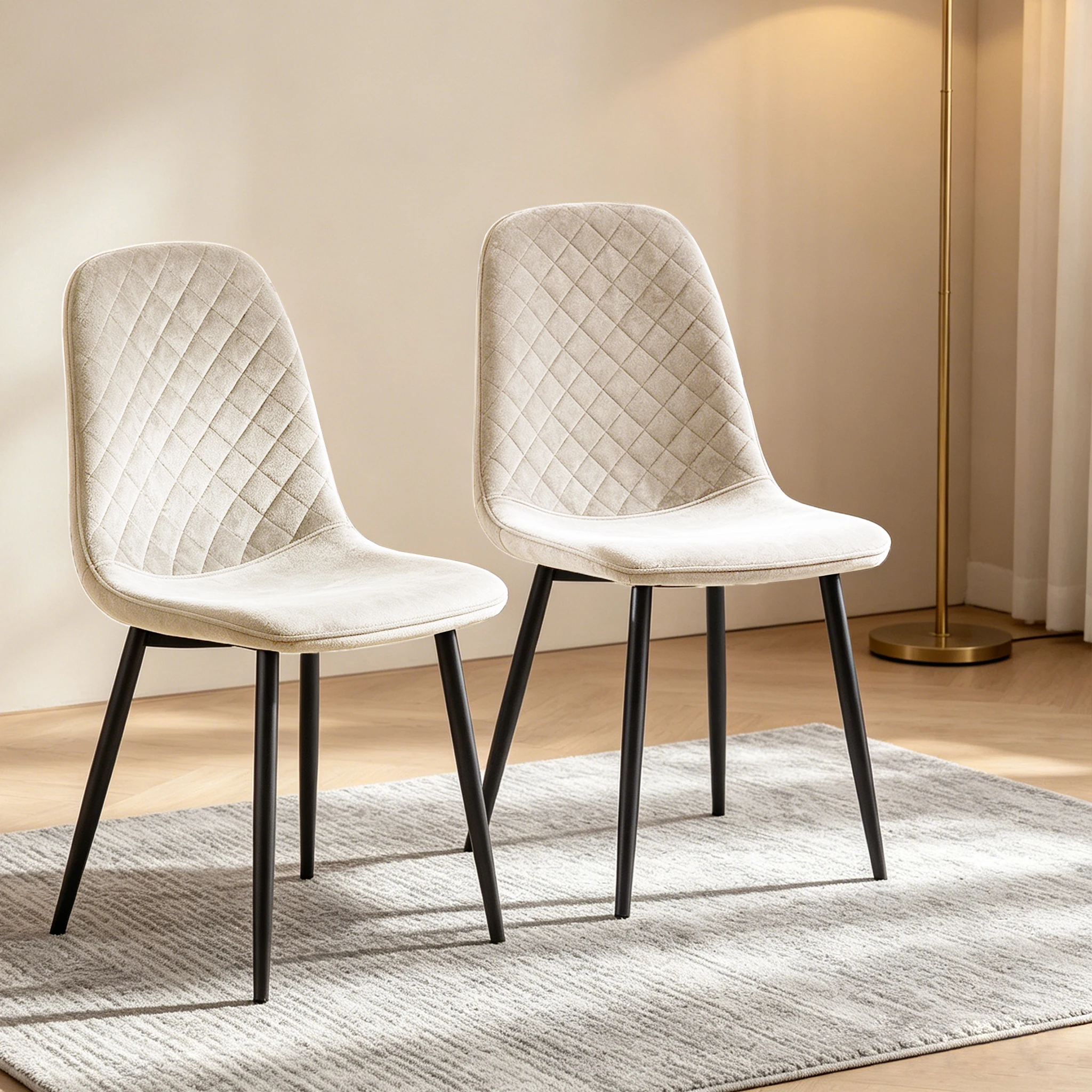 AINPECCA 2pcs Dining Chair Set Velvet Fabric Soft-Padded Seat Cushions Metal Legs Ergonomic Kitchen Chairs — Color: 2pcs Beige Chairs