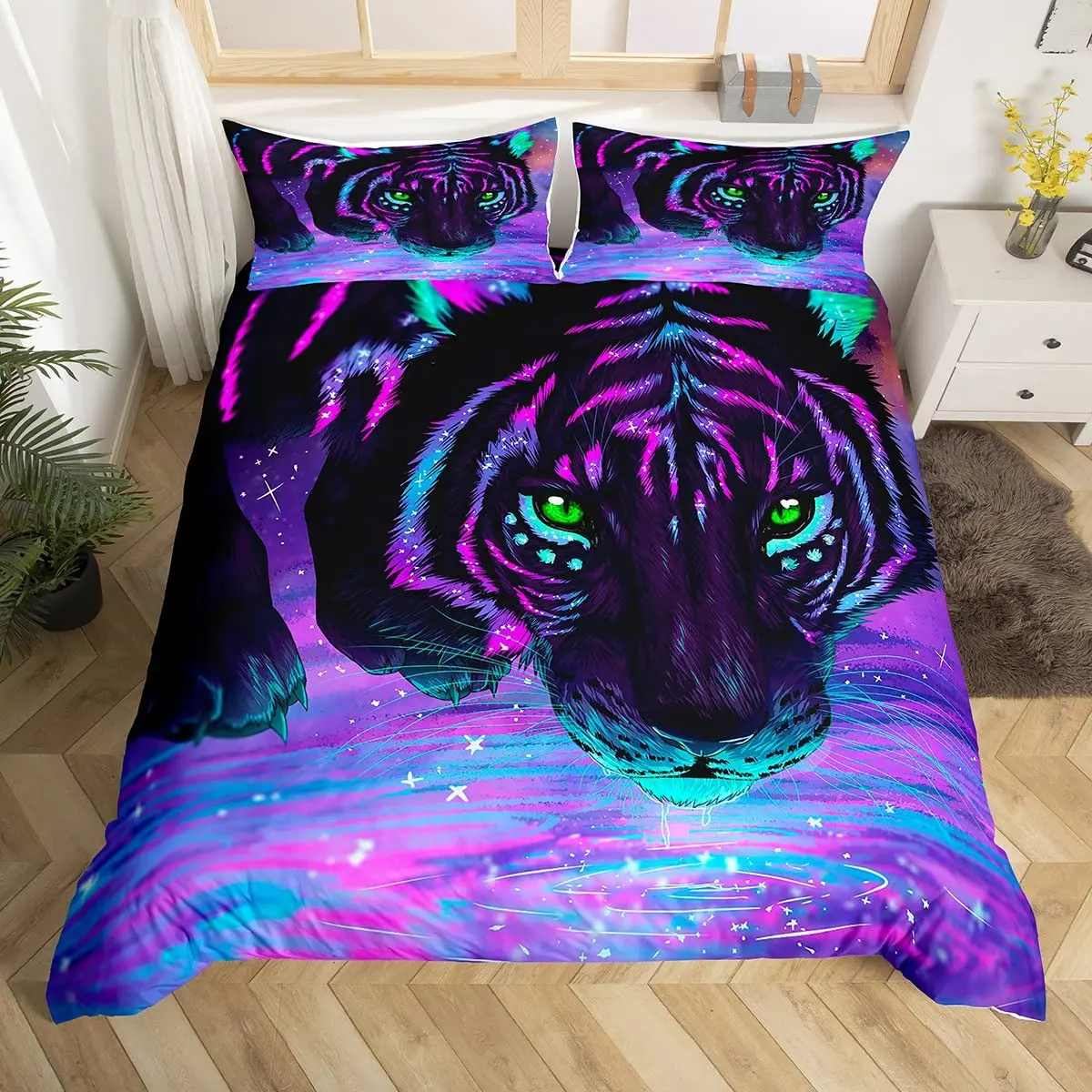 King Queen Duvet Cover Africa Big Cat Flower Bedding Set for Teen Adult Animal 2/3pcs Polyester Quilt Cover White Tiger Red Rose