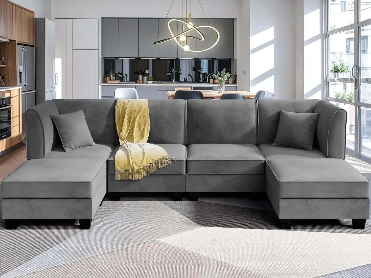 116'' Modular Sectional Sofa with Reversible Chaise, U-Shape Convertible Sectional Sofa Couch with 6 Seats Velvet Modern Sleeper