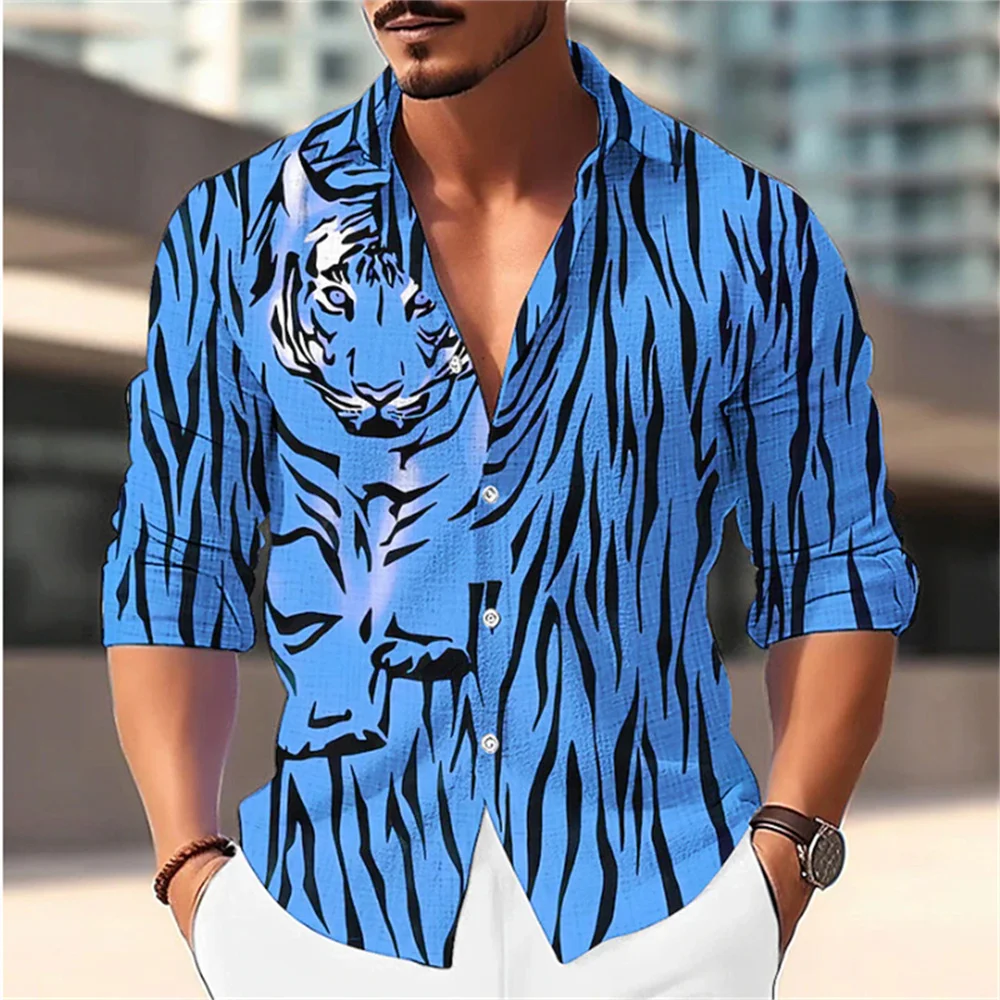 2023 New Solid Tiger Print Pattern Polo Neck Shirt Fashion Designer Men's Street Long Sleeve Top Comfortable Soft Material western fashion leisure men leather belt jeans green tiger pattern gold silver diamond leopard buckle strap