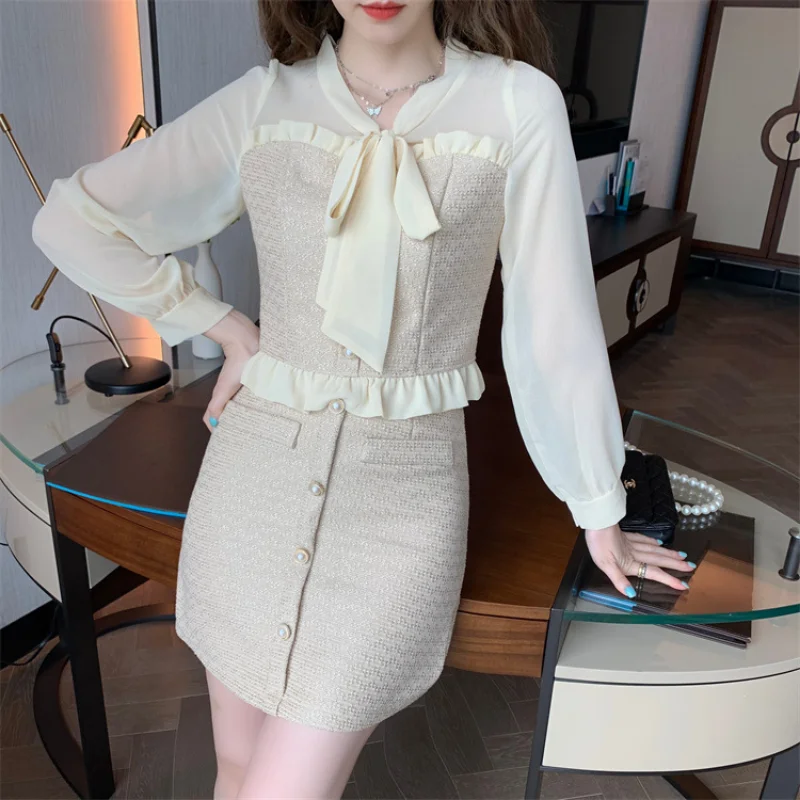 Autumn New Small Fragrance Women Suit Temperament Bow Collar Long Sleeve Blouse and Skirt 2-piece Set Korea Sweet Lady Suit 1651