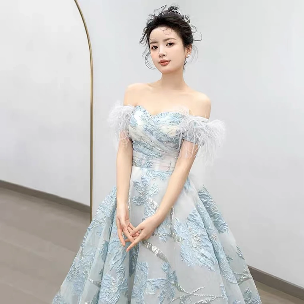 

Graceful Light Blue Evening Dresses French Style Princess Ball Gowns Floor Length Sleeveless Women Celebrity Party Prom Clothing