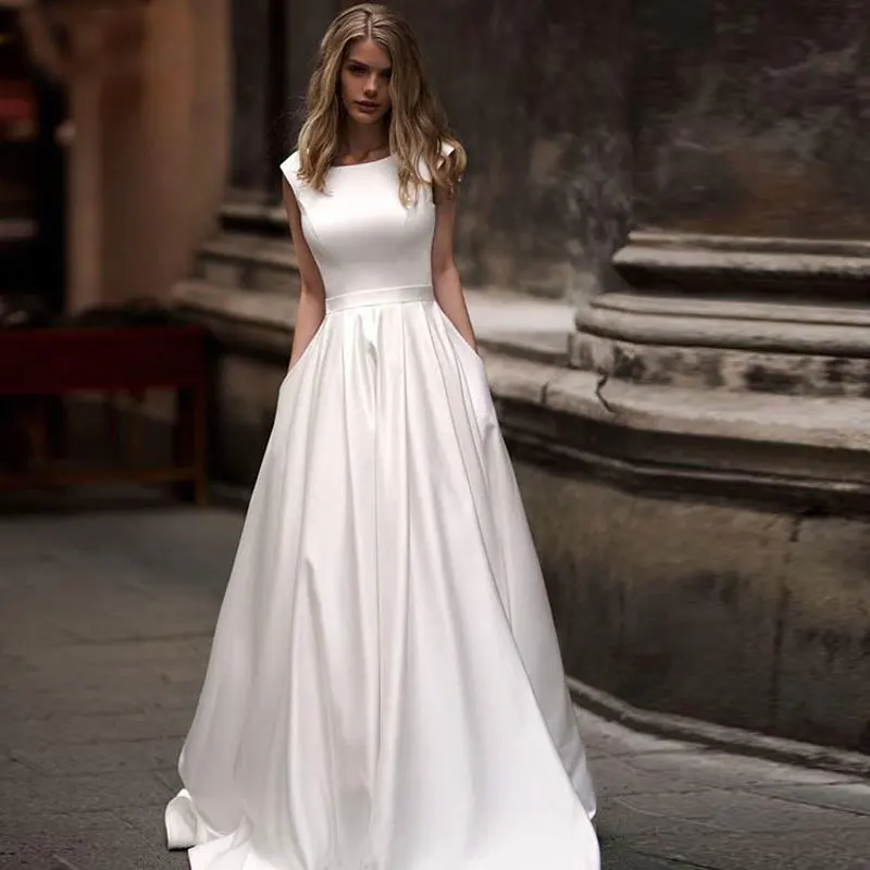 

Simple White A-LINE Satin Wedding Dress 2024 O-Neck Sleeveless Zipper vestidos de novia robe de mariée فستان حفلات الزفاف