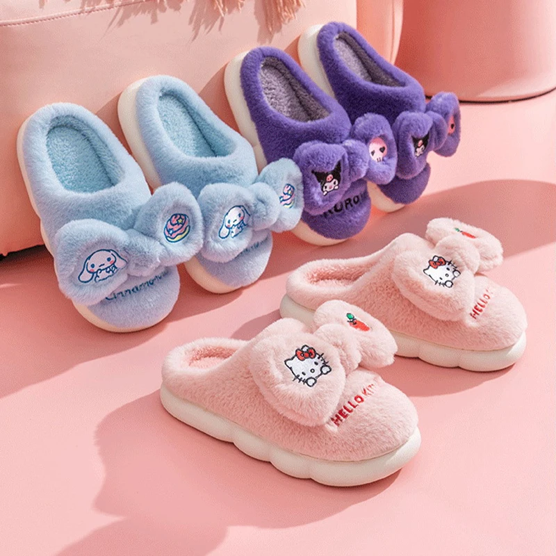 

Симпатичные плюшевые тапочки для родителей и детей с аниме Hello Kitty Sanrioed Kuromi Cinnamoroll домашняя хлопковая обувь для девочек на весну и зиму