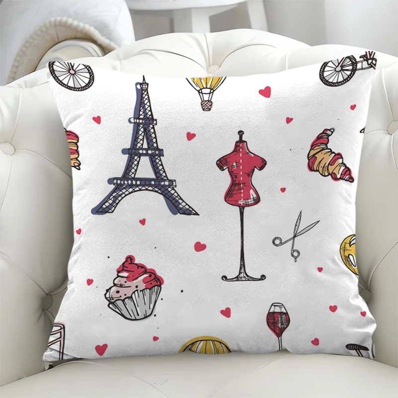 

Car Sofa Pillow Cover Eiffel Tower Pillowcases 50x50 Double-sided Printing Short Plush Decorative Pillows for Bed Home Decor