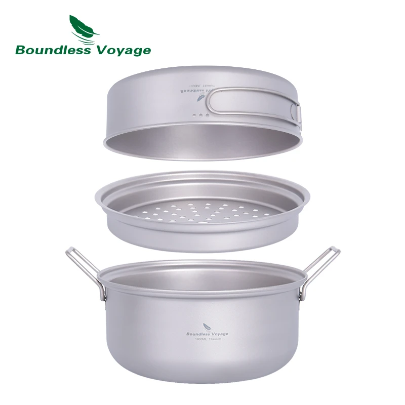Boundless Voyage Titanium Steamer Stockpot With Fry Pan Set Ultralight Outdoor Cooking Pot