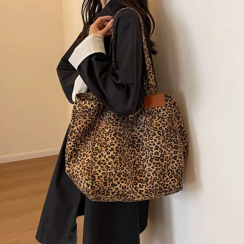 Borsa a tracolla in tela vintage con motivo leopardato, borsa a mano alla moda, grande capacità, per scuola, lavoro, shopper_voghion.com