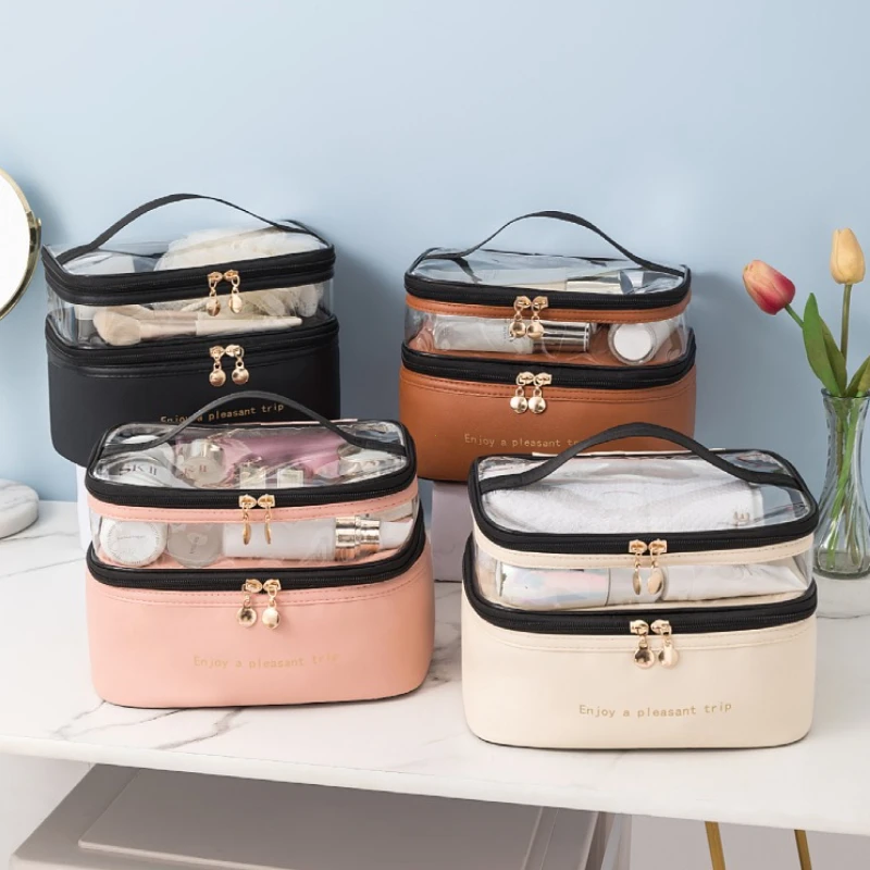 Double Transparent PU Cosmetic Bag Portable Washing Bag Big Capacity Makeup Bags Waterproof Travel Toiletry Bag Storage Bags