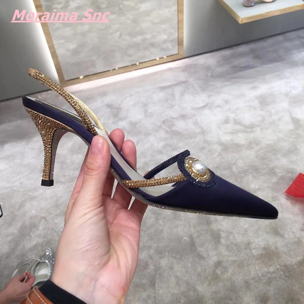 New Snake-Shaped Rhinestone Women Sandals CoverPointed Toe Stiletto Roman Fairy Pearl Back Empty Silk Summer Wedding Party Shoes