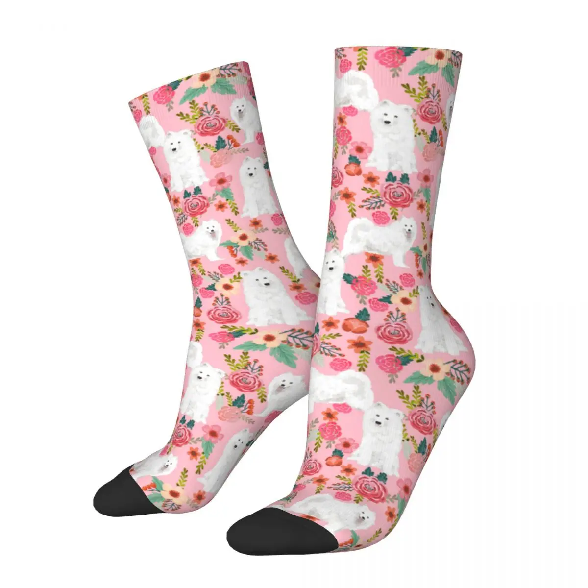 

Crazy Design Samoyed Dog Vintage Florals Basketball Socks Animal Polyester Middle Tube Socks for Unisex