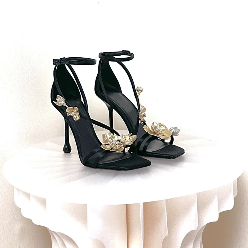 

Metallic Flower Black Suede Sandals Square Toe Open Toe Stiletto Pumps Water Drop Shape Heel Banquet Daily Versatile Women Shoes