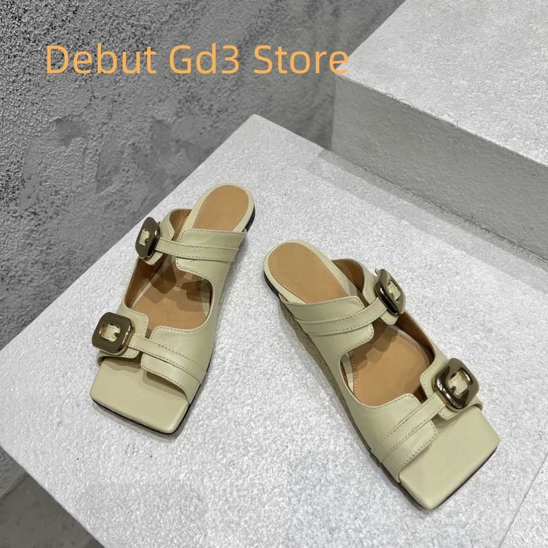 

2024 new square toe open toe sandals, slim heel metal buckle sandals, retro flat slippers for summer wear, high heel sandals
