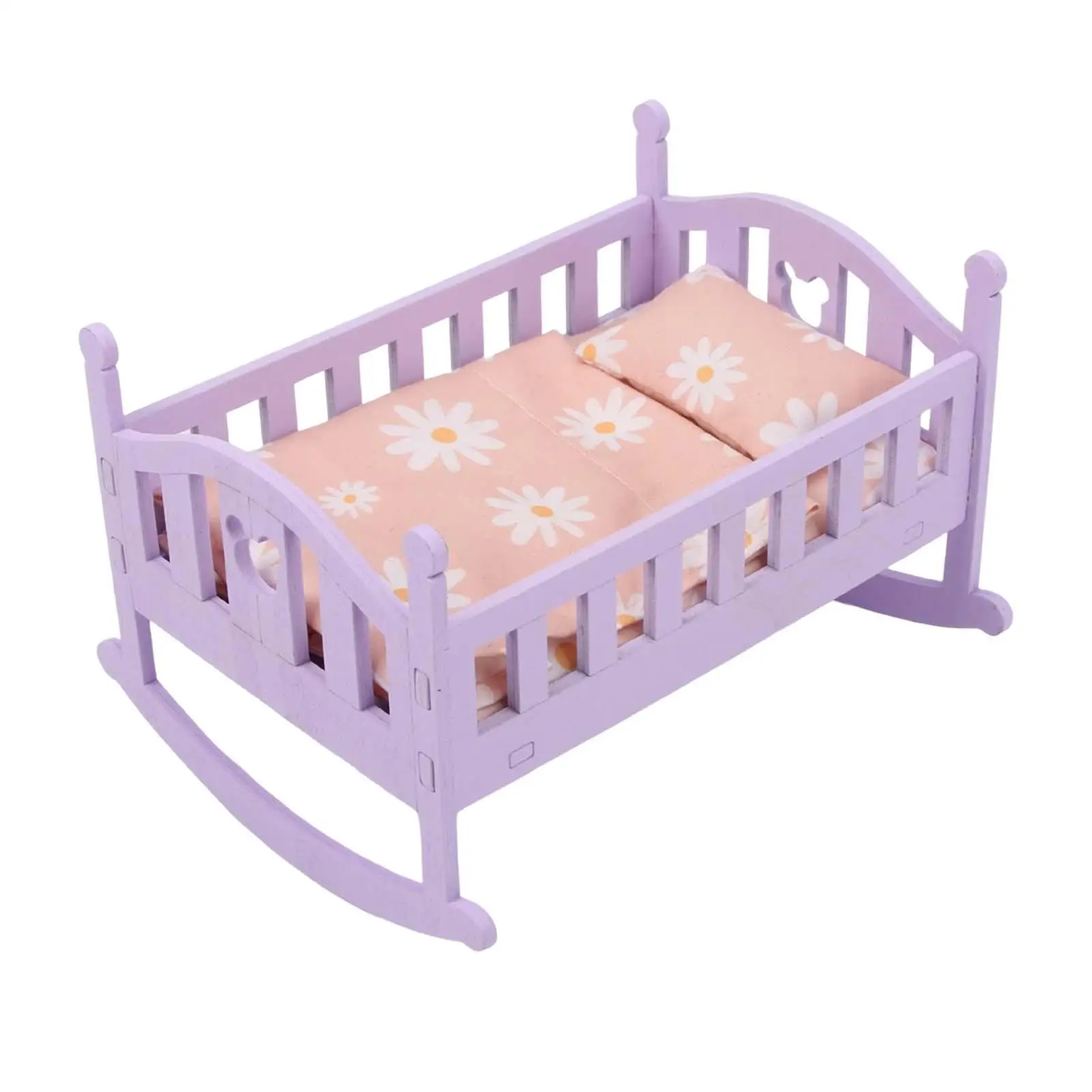 White ABS Doll Crib Miniature Bed - Dollhouse Nursery Furniture With Accessories For Kids Role Play