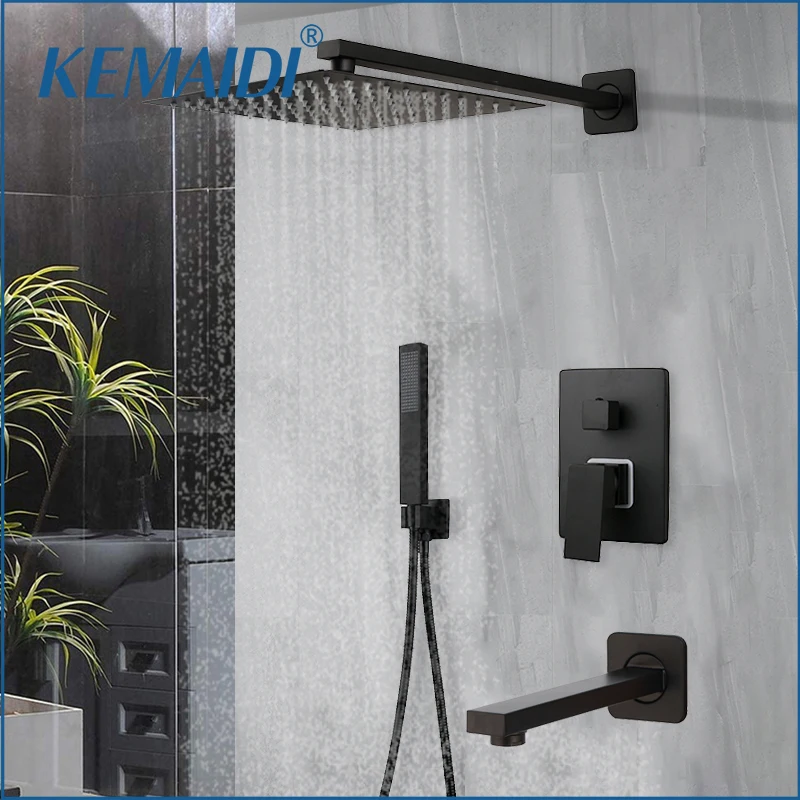Bathroom Shower Faucet Set KEMAIDI Bathroom 2-3 way Shower Faucet Set Black 3-Functions Rainfall Shower Head Bath Systerm with Bathtub Mixer Spout