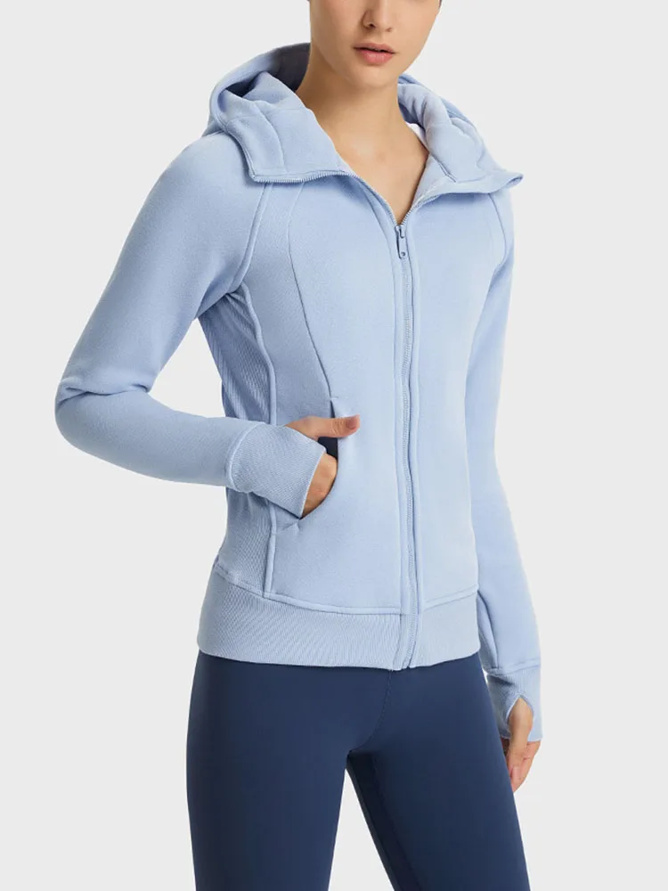 

Winter Fleece Thick Coat Women's Warm Hooded Jackets Fitness Training Outwear Zipper Sport Jacket With Pockets Outdoor Windproof