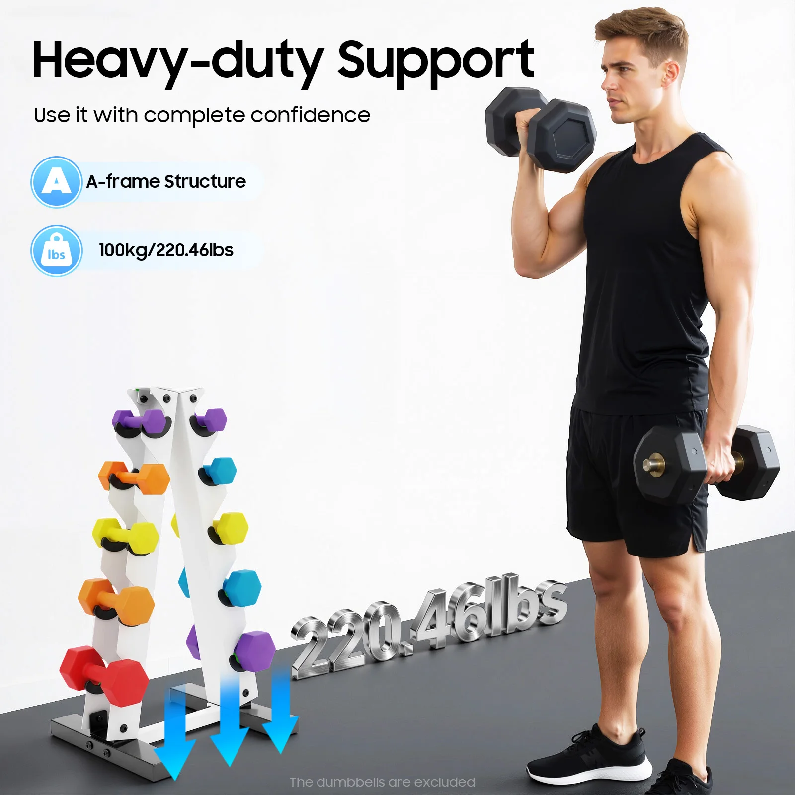 5-stufiges A-förmiges Hantelregal, 100 kg Tragkraft, Stahl-Organizer-Ständer für Heimfitness-Aufbewahrung, für Hex-Gummi-Neopren-Gewichte – Detail 1