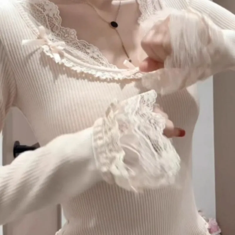 Lace T Shirt For Women Plaid Y2k Long Sleeve Tees Bow Solid Top Slim Spring Tshirt Female Korean Fashion Knitted Clothes 2025 3