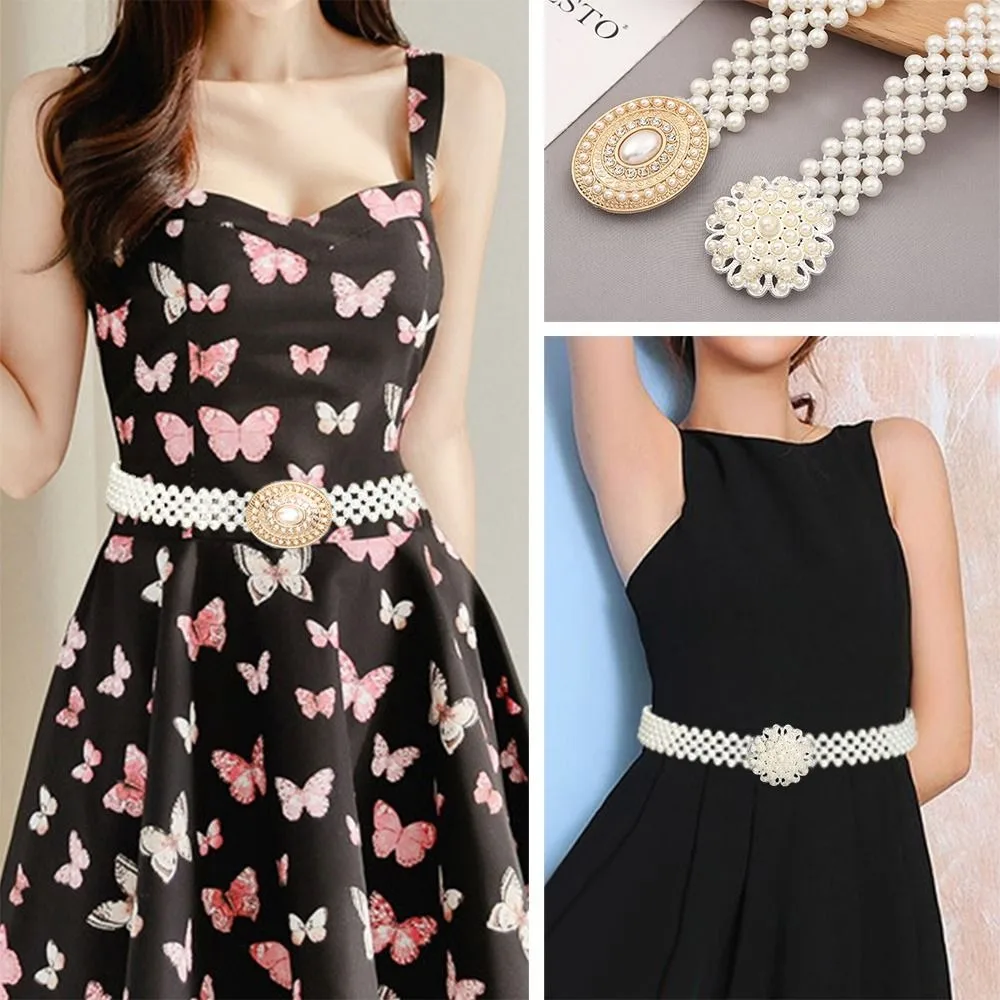 Elastischer dünner Bund für Damen mit Perlen-Strass-Taillenkette, einfacher koreanischer Stil, Kordelzug-Gürtel, Damenbekleidungszubehör – Detail 6