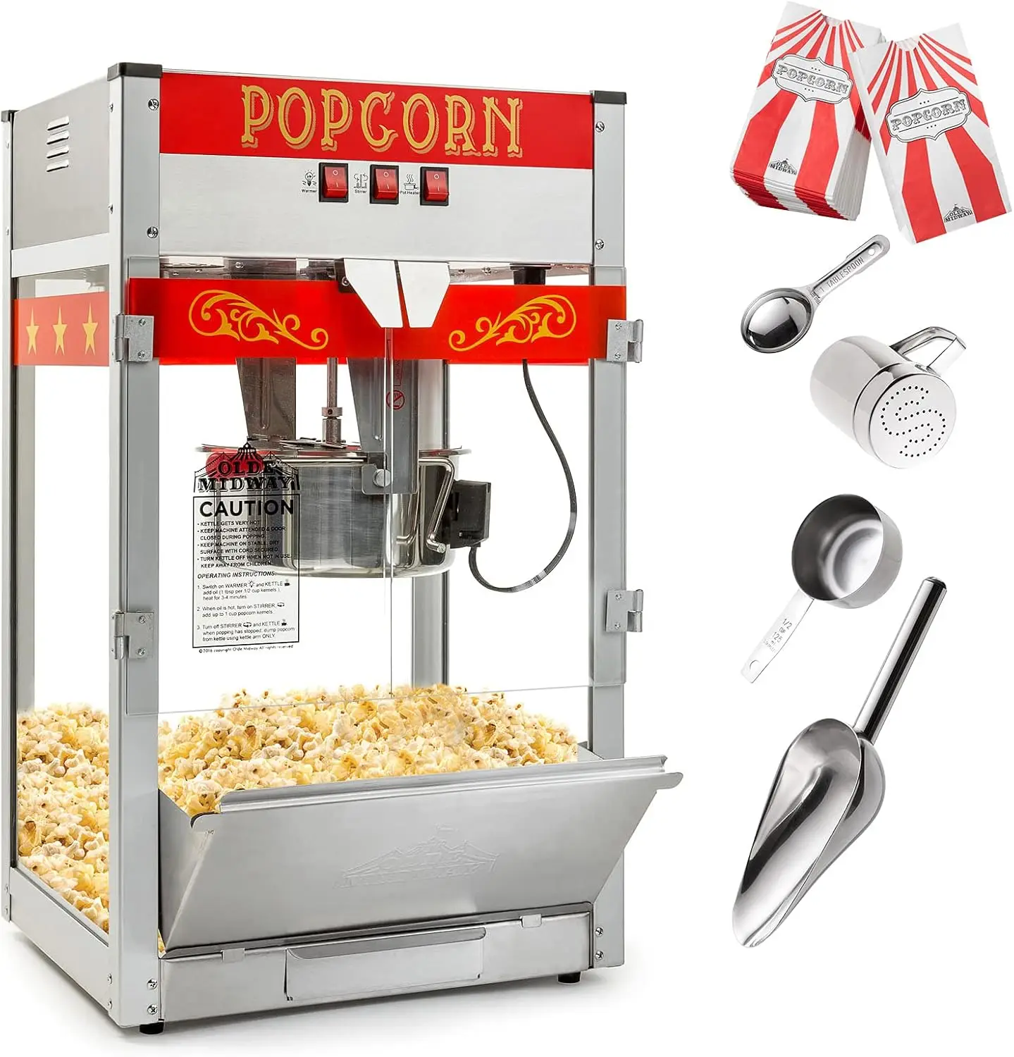 Midway Commercial Popcorn Machine Maker Popper with Large 12-Ounce Kettle-Red