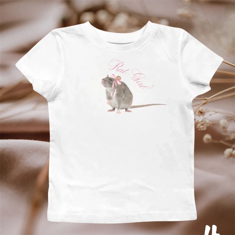 

Футболка Y2k женская с коротким рукавом, винтажный Приталенный топ с милым принтом мыши и бантом, уличная одежда, повседневный летний наряд, 90-х, 2024