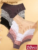 10Pcs/set Women Cotton Panties Floral Lace Intimate Underwear Trendy Patchwork Lace Briefs Female Soft Underpants Lingerie S-XL