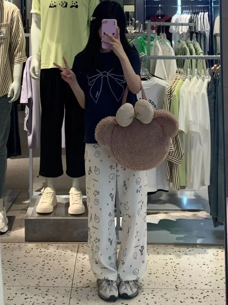 HOUZHOU Y2k Kawaii Sweet High Straight Pants Women Japanese Style Harajuku Cute Cartoon Print Loose Trousers Soft Girl 2024 6