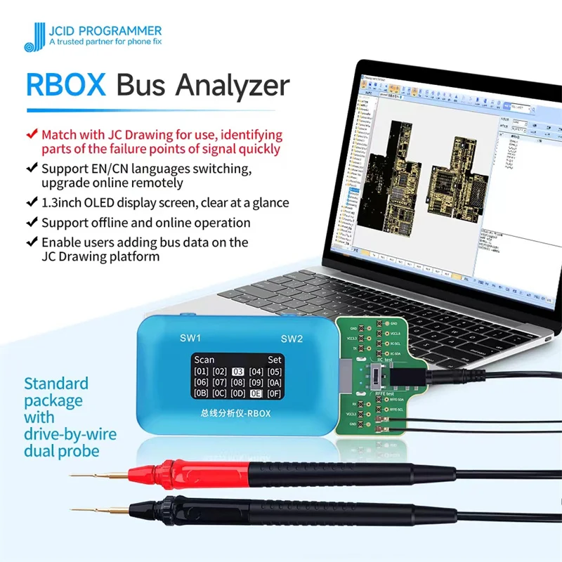 

JC JCID RBOX BUS Analyzer for Mobile Phone Quickly Identifying Failure Points with Dual Probe Motherboard Faults Fast Detector