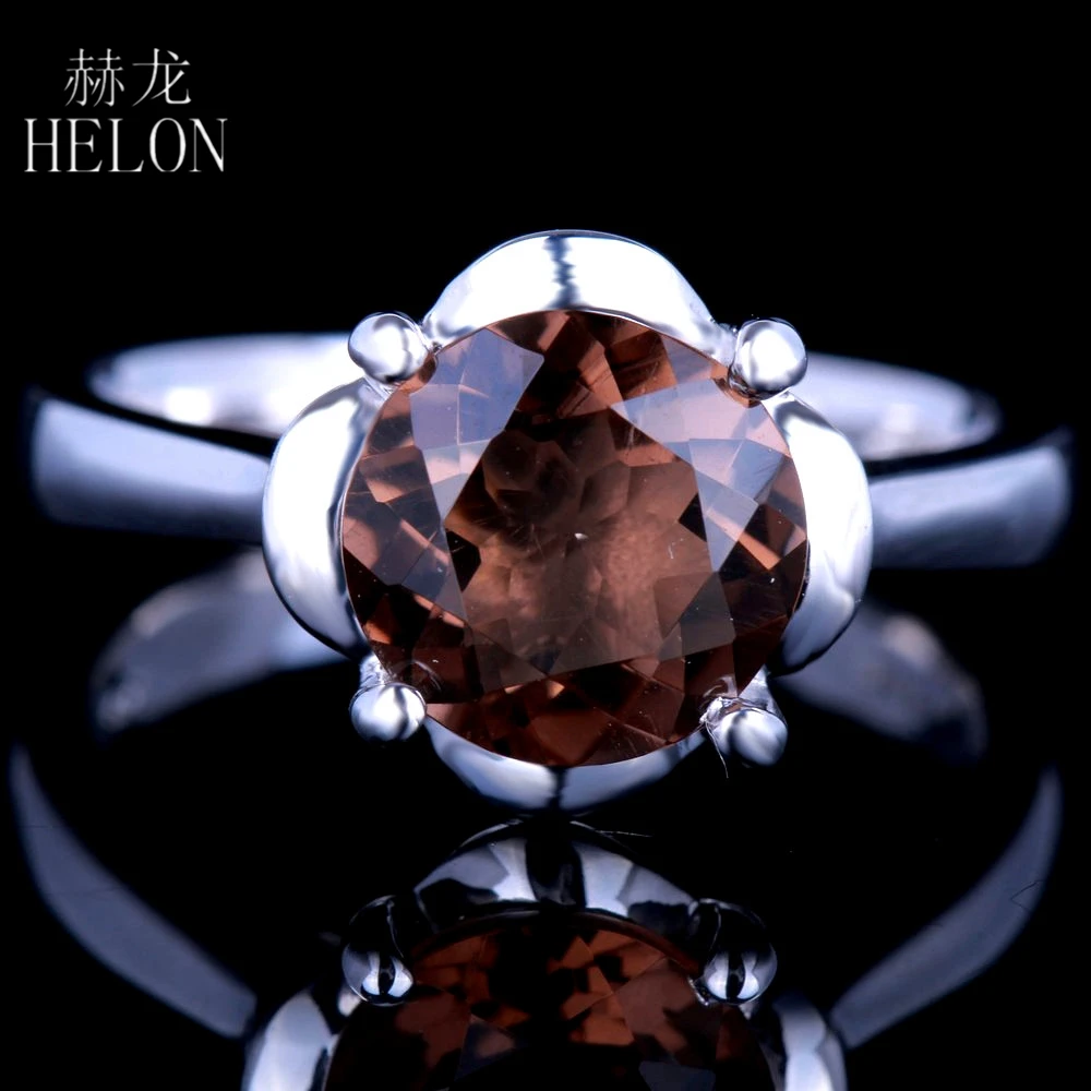 

HELON 925 Sterling Silver Round 9mm Flawless Genuine Smokey Quartz Gemstone women Trendy Jewelry Engagement Wedding Ring