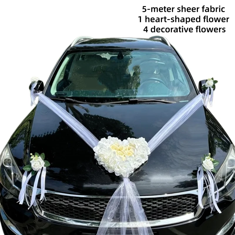 Elegant Heart-Shaped Wedding Car Floral Decoration Set with Faux Hydrangea Roses and Organza Ribbon