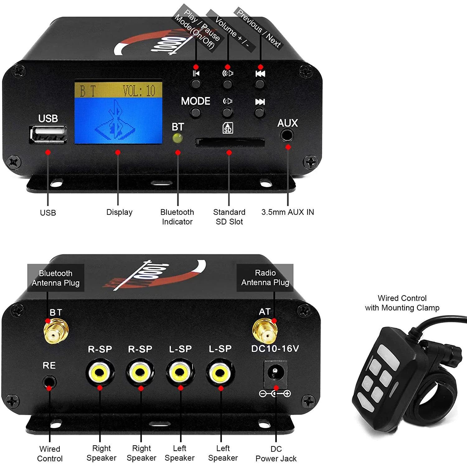 1000W 4CH Multmedia Power Amplifier with Bluetooth, FM Radio, USB, AUX, SD Card, Compact Audio Player for Cars, Motorcycles etc.