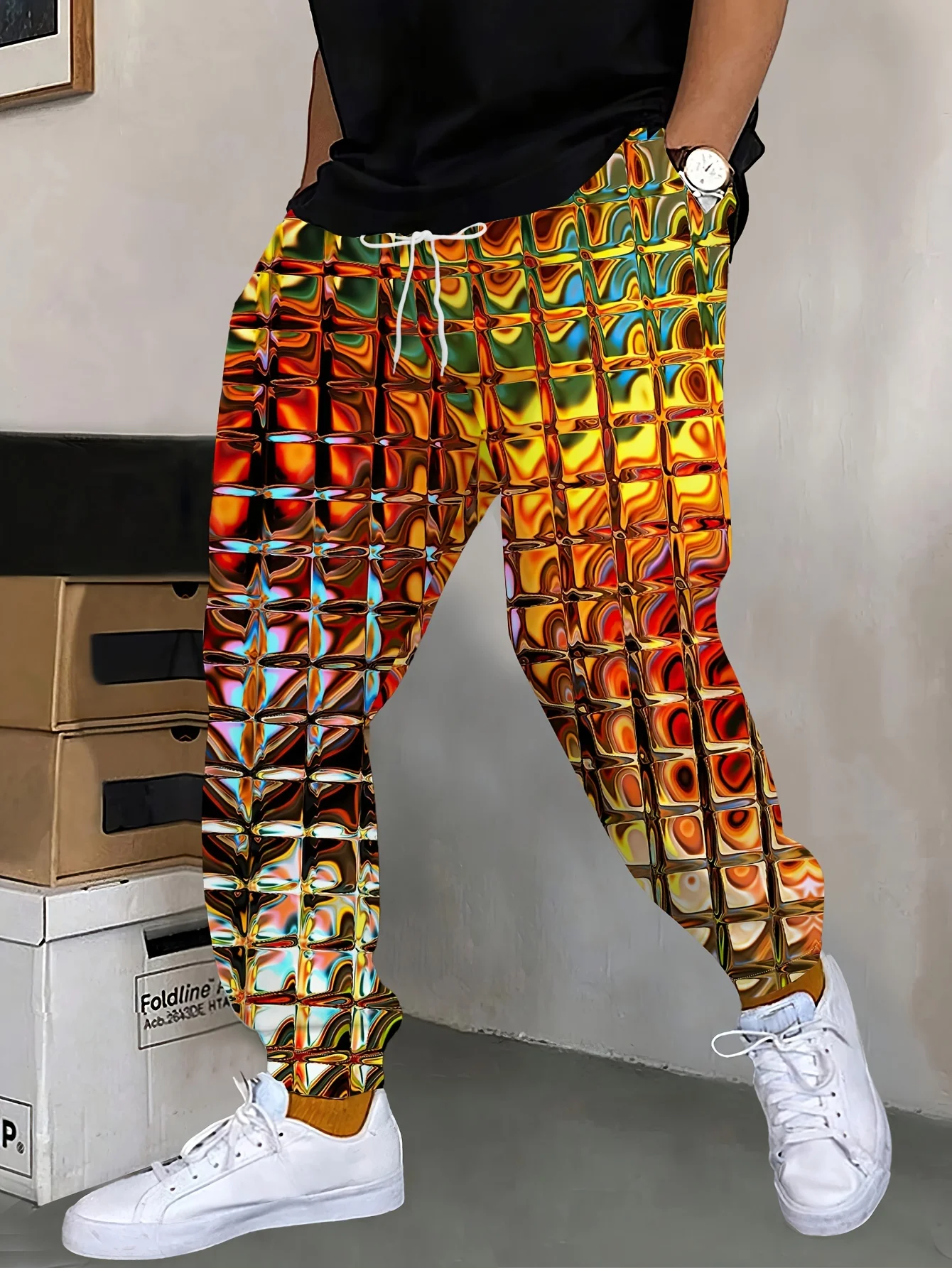 Abstrakte Drucke, Straßenhose, Herren-Seitentaschen, elastische Kordelzug-Jogginghose, Joggerhose für Herren, Freizeithose, Herbst – Detail 2